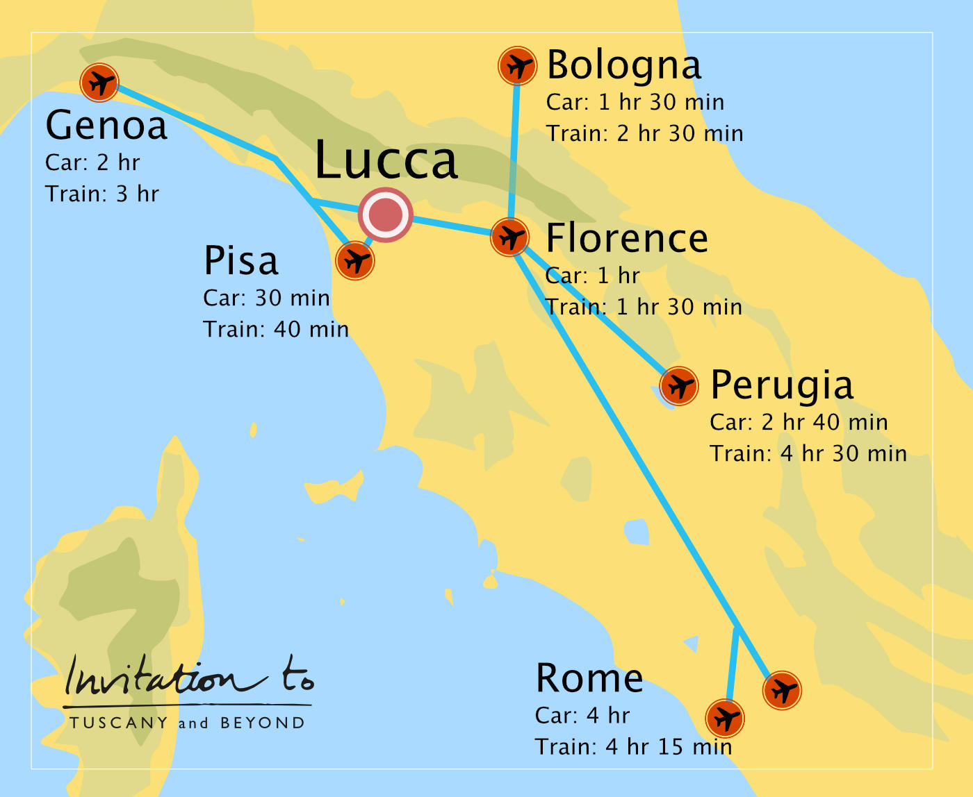 Travel times to Lucca from closest airports