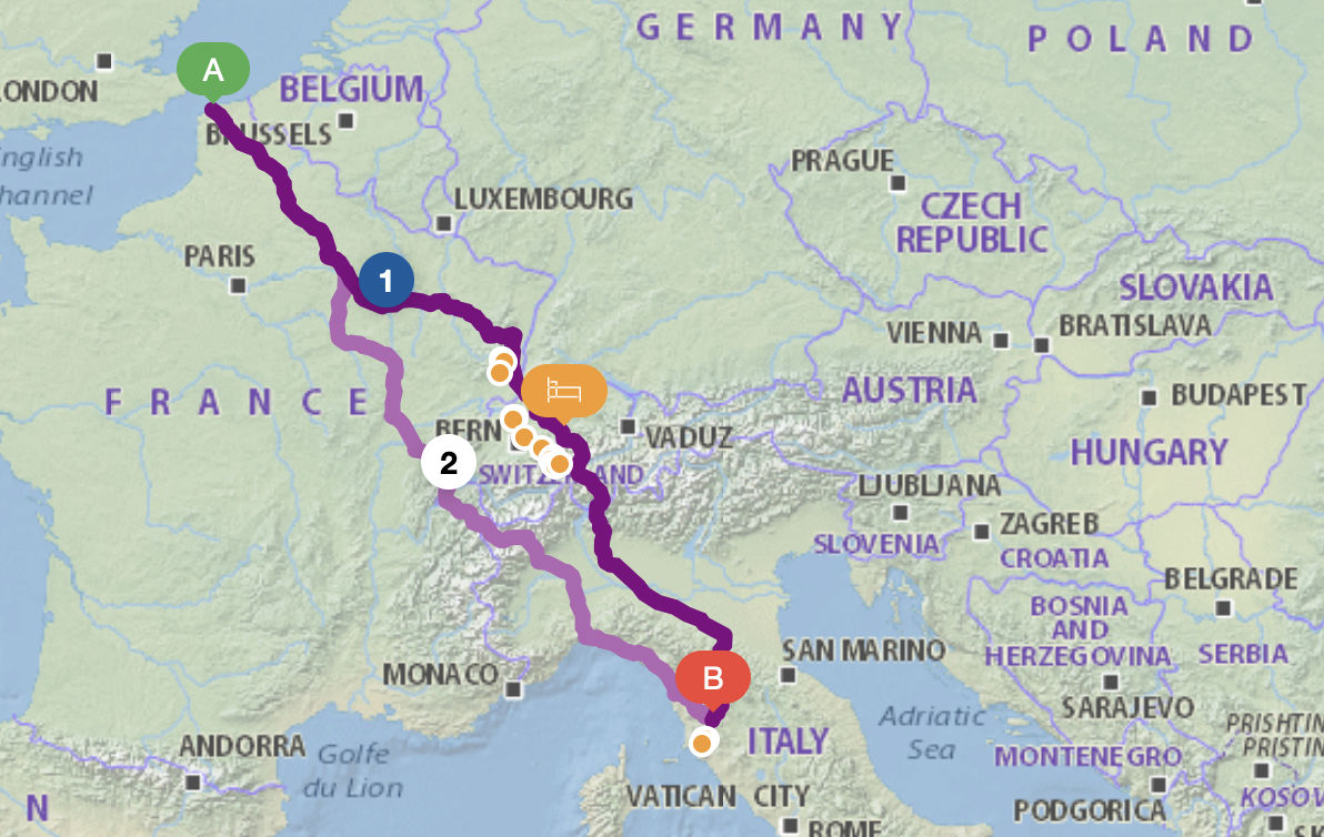 Map of Route from UK to Tuscany